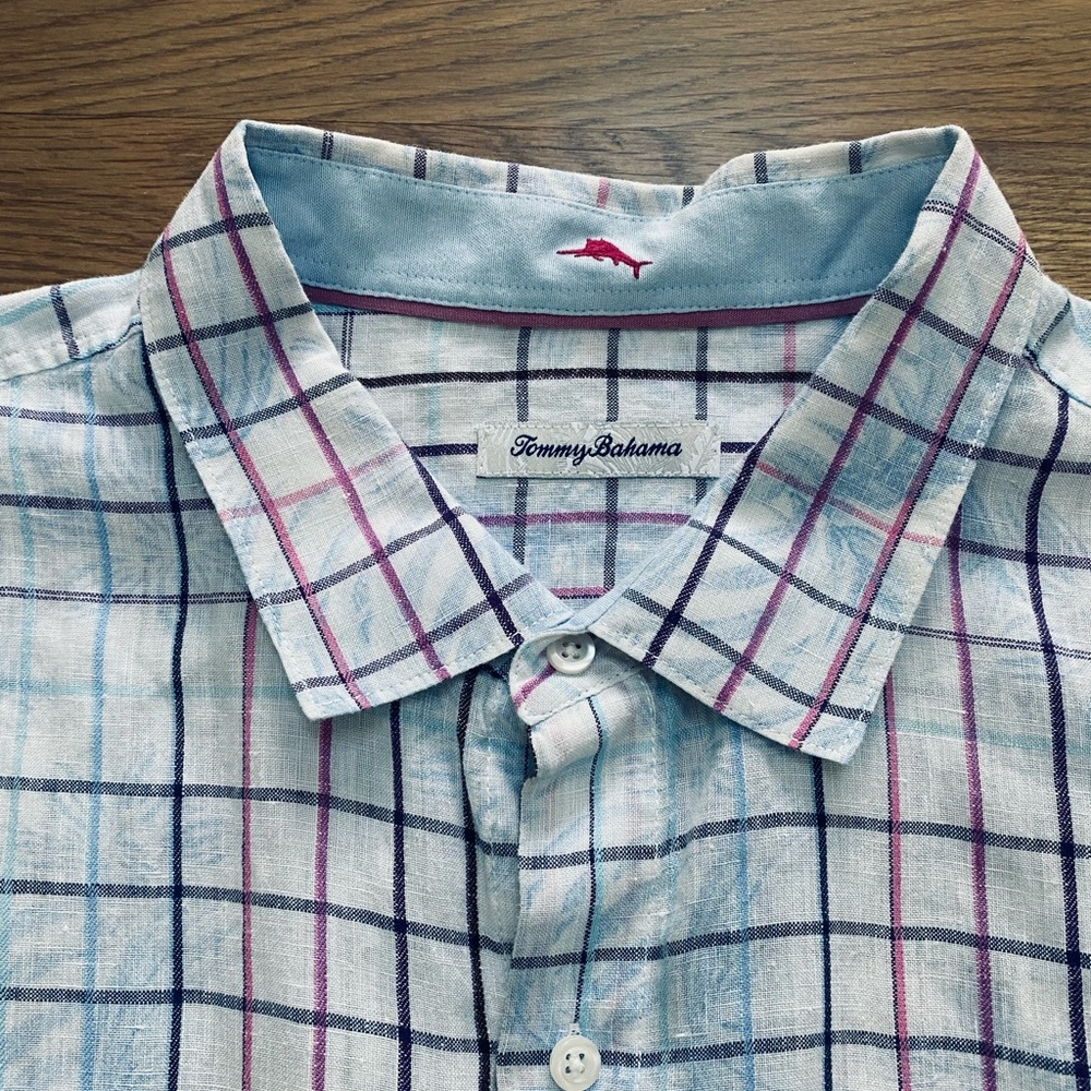 Tommy Bahama Blue/Pink 100% Linen Plaid  Button Down Shirt XXL vacation Summer